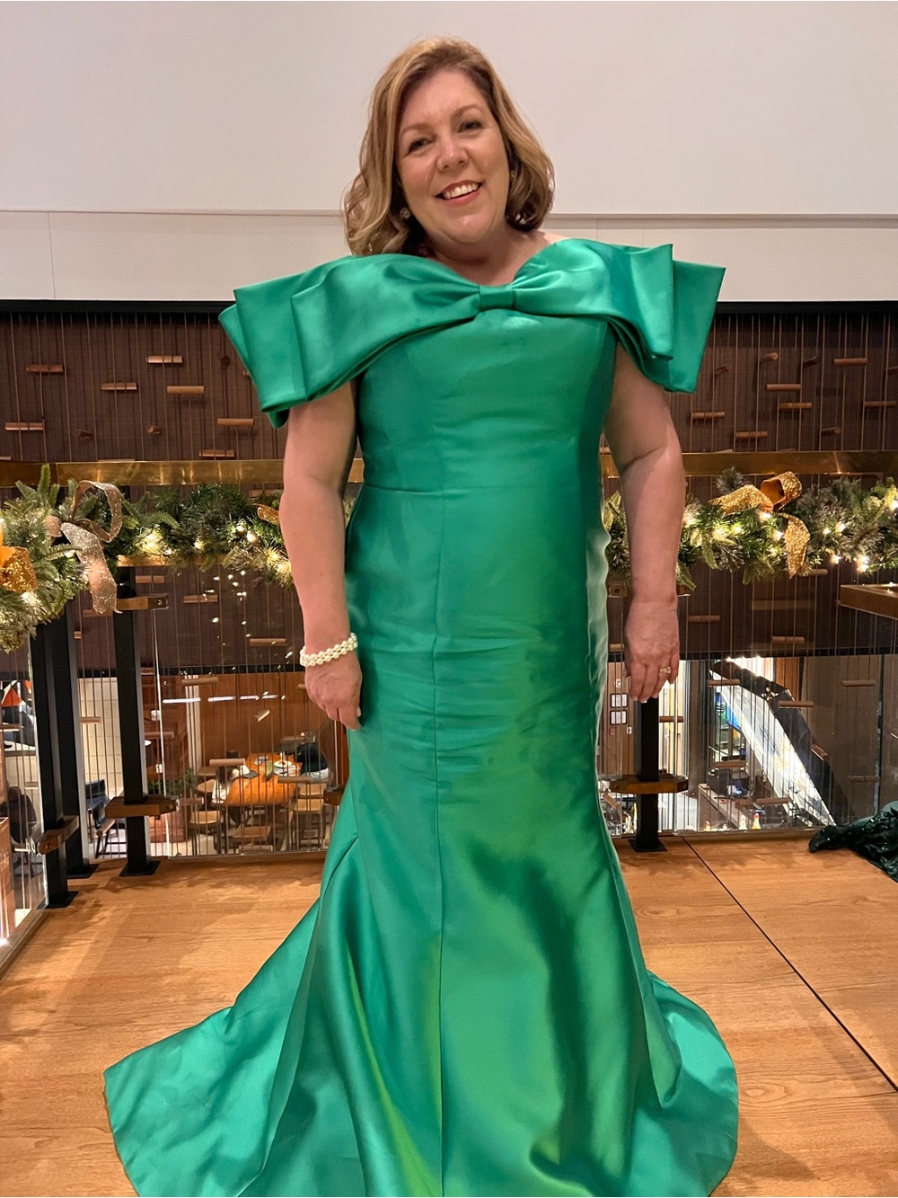 Terani Couture Emerald Green Satin Off-Shoulder Gown